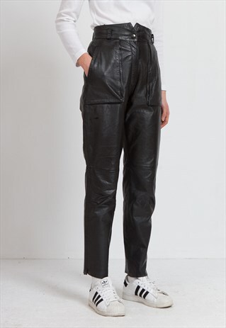 VINTAGE BLACK HIGH WAISTED LEATHER TROUSERS BOTTOMS