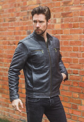 PREMIUM GREY STONE PRINT LEATHER BIKER JACKET