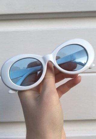 WOMENS VINTAGE STYLE WHITE BLUE OVAL SUNGLASSES KURT COBAIN