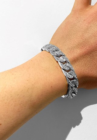 14MM DIAMOND ICED OUT CUBAN CURB BRACELET - SILVER
