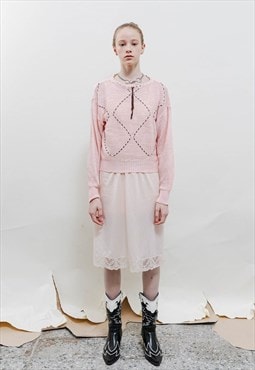 Vintage 70s Romantic Pink Net Knit Long Sleeve Jumper XS/S