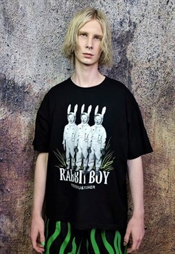 Rabbit t-shirt bunny print retro tee 90s slogan top in black
