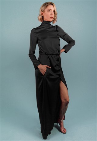 BLACK TURTLENECK SILK SATIN MAXI DRESS WITH SIDE SLIT