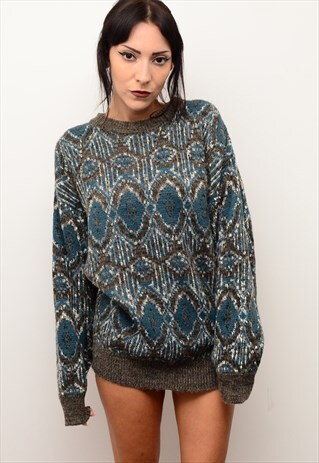 VINTAGE 90'S RETRO INDIE ABSTRACT PATTERNED SLOUCHY JUMPER