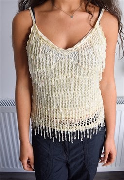 Vintage Cream Cami Fringe Top with Sequins Womens UK6