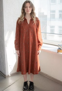 Vintage 70's Brown Abstract Print Long Sleeved Midi Dress