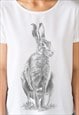 WILD HARE T SHIRT PENCIL SKETCH DRAWING CUTE WHITE TEE WOMEN