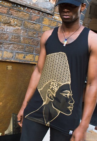 SLEEVELESS VEST TOP IN BLACK GOLD JUMBO PRINT QUEEN NEFERTIT