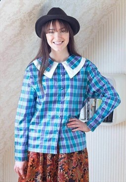 Blue and purple checked long sleeve shirt