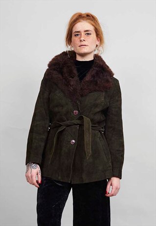 70'S VINTAGE MOSS GREEN SHEEPSKIN COAT