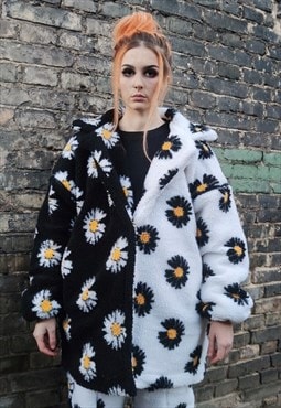 Floral fleece jacket handmade daisy trench coat white black