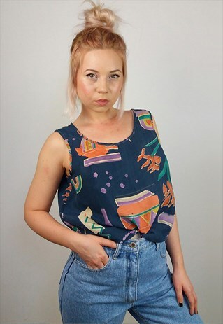 VINTAGE 90'S GRAPHIC PRINT CUPRO SILKY FESTIVAL VEST / TOP