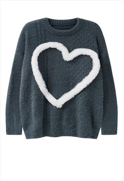Heart sweater knitted fleece jumper distressed top in grey