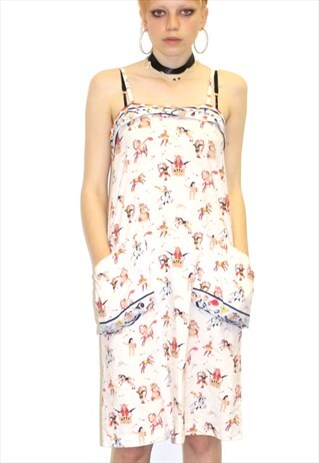 70'S VINTAGE MIDI STRAIGHT STRAP VIKING PATTERN KITSCH DRESS