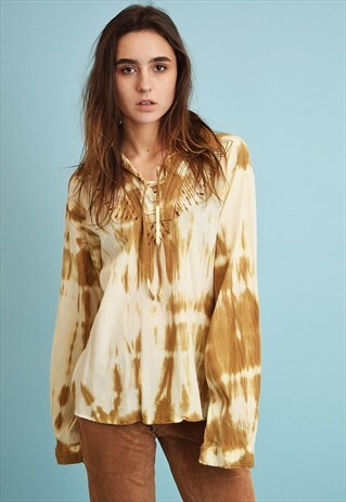 VINTAGE 90'S BOHO ETHNIC EMBROIDERY TIE-DYE BLOUSE TOP