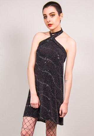 VINTAGE 90'S SILVER GLITTER HALTER NECK MINI DRESS