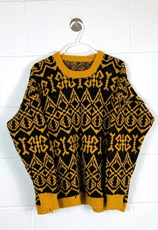 VINTAGE ABSTRACT KNITTED JUMPER YELLOW PATTERNED CHUNKY KNIT
