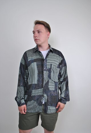 80S ABSTRACT PRINT MODERNIST DARK SHIRT, SIZE L