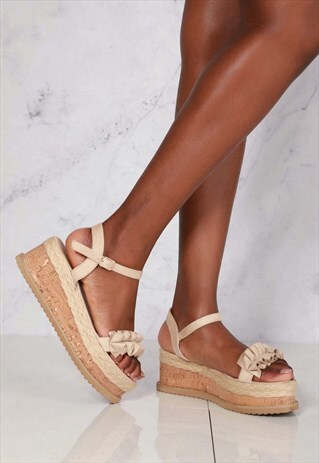 FRILL ANKLESTRAP FLATFORM IN NUDE SUEDE