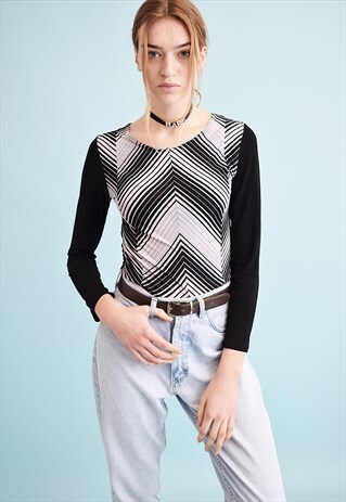 90'S RETRO KITSCH STRIPED OPTICAL PRINT LYCRA TEEN TOP