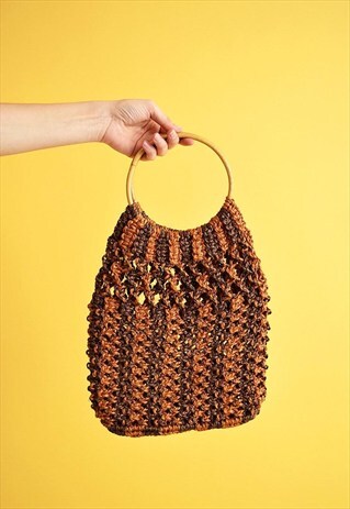 70'S RETRO BOHO RAFFIA TOTE BAG WITH WOODEN HANDLES