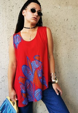 Vintage 90's abstract print red drape tunic top