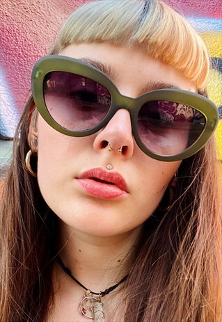 VINTAGE INSPIRED SUNGLASSES CAT EYE SHAPE OLIVE GREEN MATT