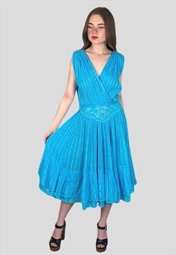 70's Vintage Ladies Blue Cheesecloth Grecian Cotton Dress