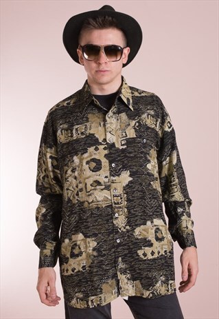 MENS VINTAGE LONG SLEEVE, ABSTRACT PRINT, BUTTON UP SHIRT