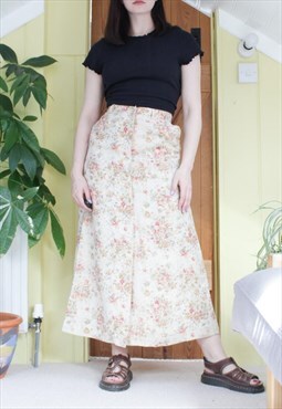 Vintage 90s beige floral high waisted midi skirt