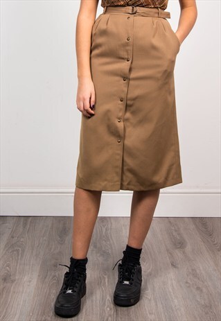 VINTAGE 90'S BROWN POPPER BELTED MIDI SKIRT