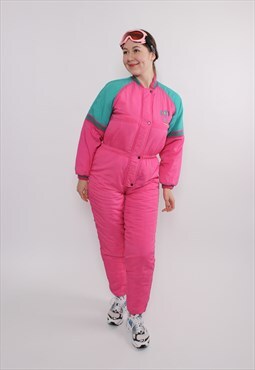 Vintage 90s pink one piece ski suit women retro ski jumpsuit