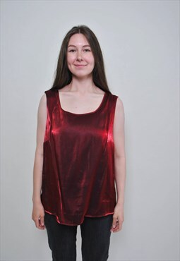 90's bright red top, vintage viscose tank top - LARGE