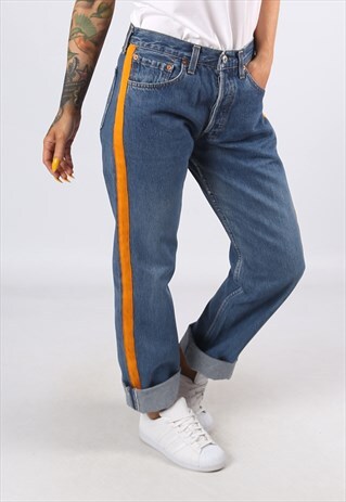 LEVIS 501'S DENIM JEANS REWORKED SIDE STRIPE UK 10 - 12 H3AG