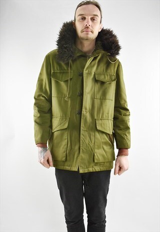 VINTAGE KHAKI FLEECE LINED PARKA JACKET WITH PADDED ELBOWS.