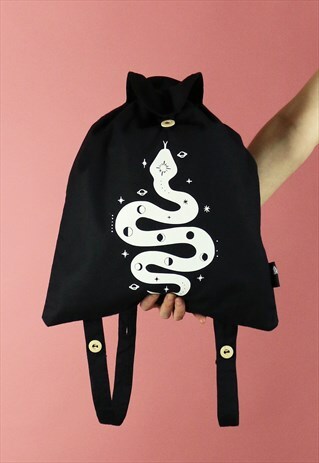 SPACE SNAKE MOON PHASE PRINT COTTON BACKPACK WHITE ON BLACK