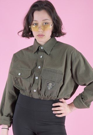 VINTAGE REWORKED CROP ARMY SHIRT IN GREEN WITH HOG PATCH