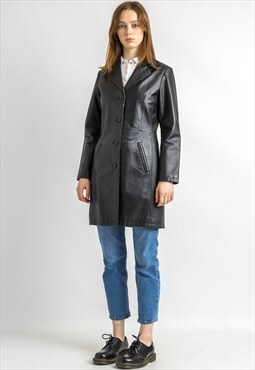 80s Vintage Vtg Rare Black Leather Lined Coat Trench 5869