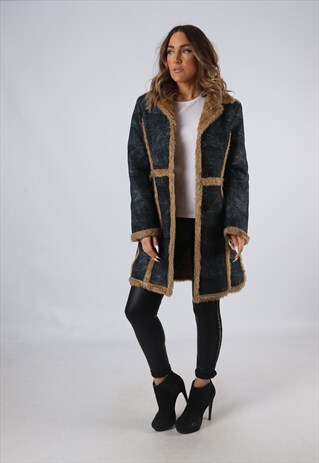 VINTAGE FAUX SHEEPSKIN SUEDE EFFECT COAT UK 10 SMALL (AEA)