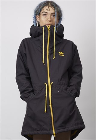 VINTAGE 90'S ADIDAS YELLOW FLEECE LINED LONG BLACK JACKET