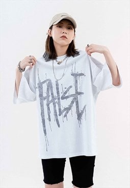 Paint splatter print t-shirt false slogan retro tee in white