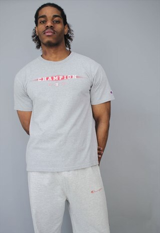 VINTAGE CHAMPION GREY SPELLOUT CREW NECK T-SHIRT