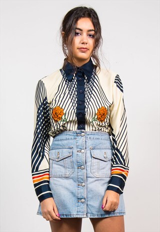 70'S VINTAGE FLORAL ABSTRACT PATTERN POINTY COLLAR SHIRT