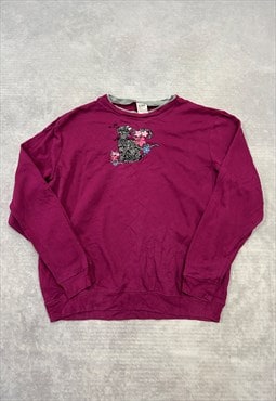 Vintage Sweatshirt Embroidered Cat Flower Patterned Jumper