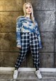 TARTAN PRINT JOGGERS CHECK PANTS CHESS PUNK OVERALLS IN BLUE