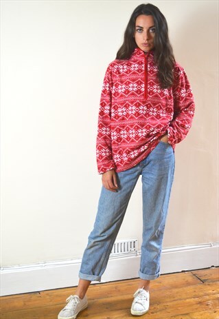 90S VINTAGE RED AND WHITE LANDS' END PRINTED 1/4 ZIP FLEECE