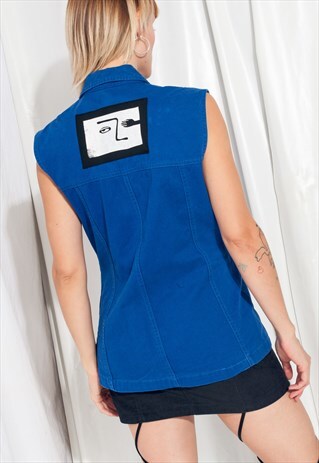 REWORKED VINTAGE VEST 90S WEIRD FACE PRINT DENIM WAISTCOAT