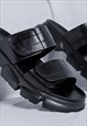 FAUX LEATHER SLIDERS EDGY HIGH FASHION CHUNKY SOLE SANDALS 