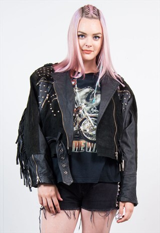 VINTAGE 80'S LEATHER TASSEL BIKER JACKET