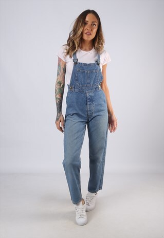 VINTAGE DENIM DUNGAREES WIDE LEG PETITE UK 8 XS (C1K)